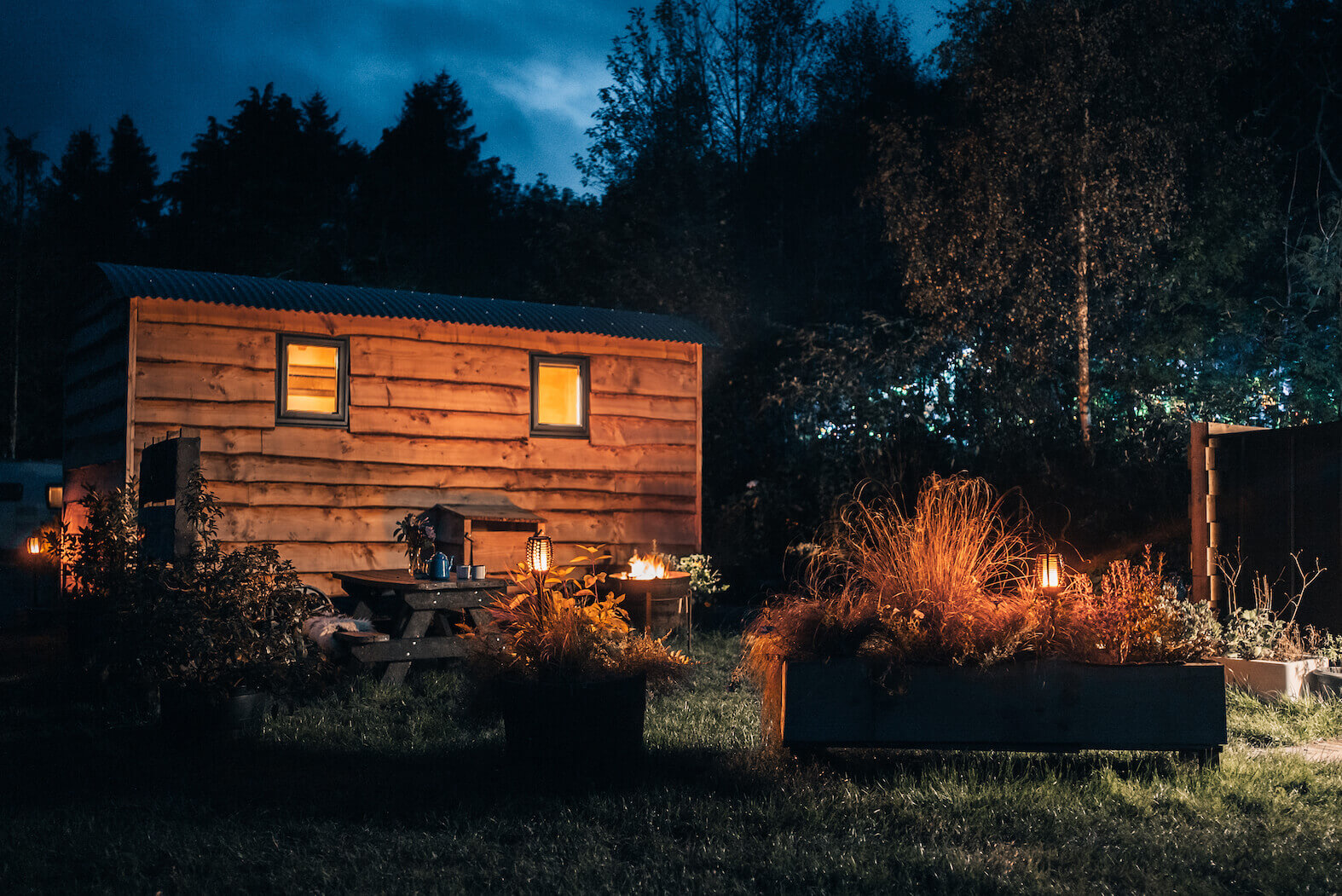 Small Duchess wagon at night, glamping North Wales