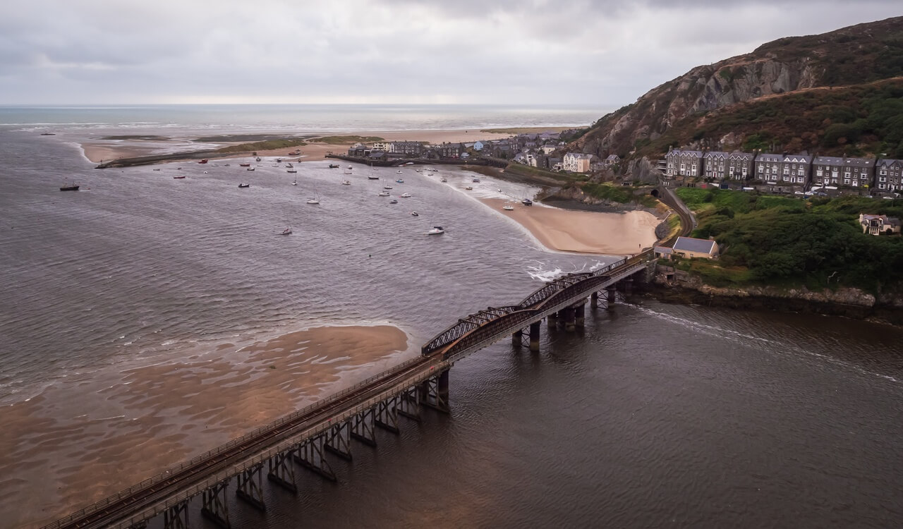 Drone view of Barmouth Bridge near Griag Wen holiday cottages