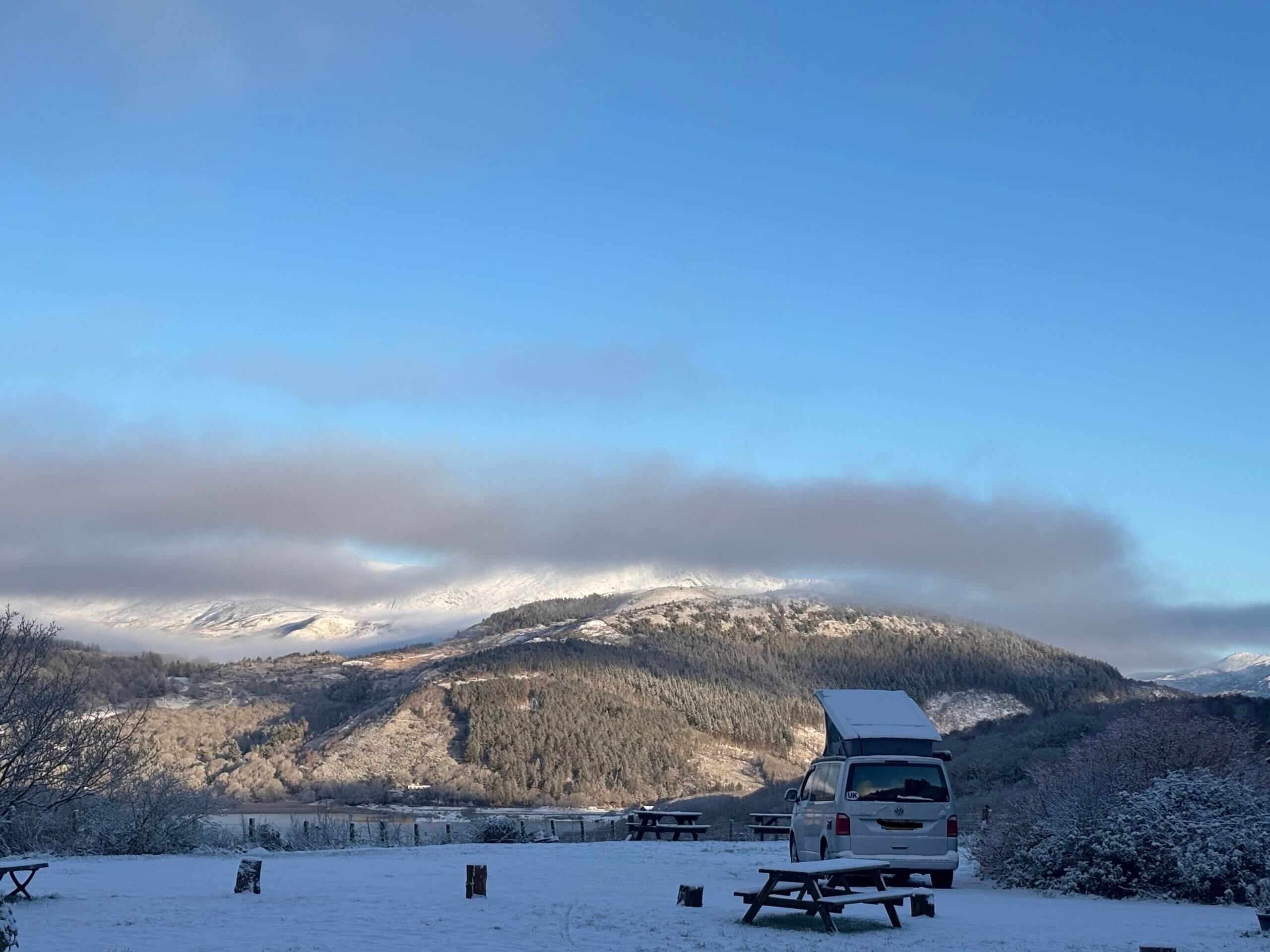 Camper van in snowy scene, North Wales camp site open winter