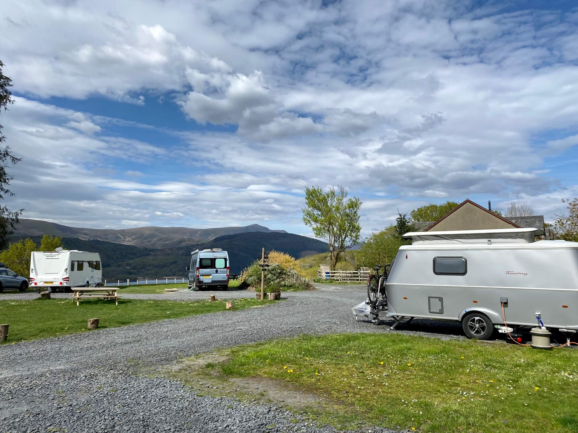 Eriba van and view caravan and camper vans on camp site, Wales campsites